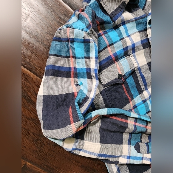 Mens OP Flannel Button Up Distressed Plaid Long Sleeve Top - Picture 7 of 10